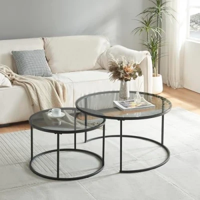 Imagen de [en.casa] Set de 2 Mesas Centro Nido Mesa Auxiliar Redondas Soporte Estable Montaje Rápido Metal/Vidrio Templado Ahumado Ø80 x45 cm Negro/Transparente