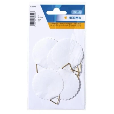 Imagen de HERMA 5749 Colgador de cuadros para pegar blanco grande, 6 unidades, diámetro 45 mm, autoadhesivo, cuerda alambre colgar sin taladrar la pared, papel fuerte,