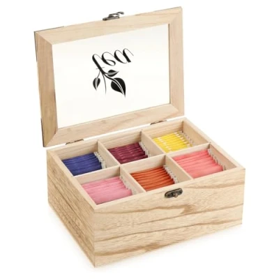 Imagen de com four® Caja de Almacenamiento bolsitas té rústicas con 6 Compartimentos, Ventana visualización y Cierre en Estilo rústico (rústico Tea cajones)