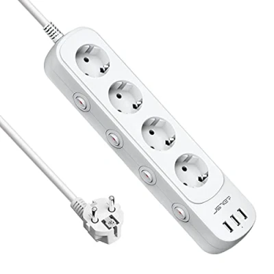 Imagen de JSVER Enchufe USB con 3 Puertos de y 4 Tomas Regleta Interruptor Individual Alargador Multiple(3680W 16A),montado en la Pared Cable 2m Blanco
