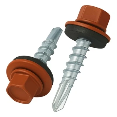 Imagen de 4.8 mm x 35 Tornillos para techos, cabeza hexagonal, autoperforantes, color (RAL 8004 Pardo cobre) con arandela de sellado, Tornillo endurecido chapado en zinc a prueba óxido (50 pcs)