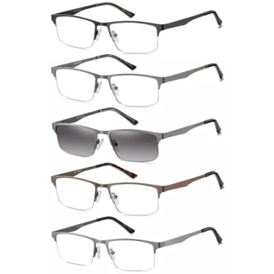 Imagen de Eyecedar 5 pack Gafas de Lectura Hombres Medio Marco Estilo Acero Inoxidable Materiales Metal Bisagras Resorte incluye sol +2.00