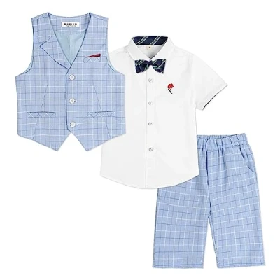 Imagen de 4 Piezas Traje Corto de Boda para niños, Conjunto Ropa Ceremonia, Camisa + pantalón Chaleco Pajarita, Cheque Azul, 140
