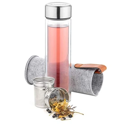 Imagen de Navaris Botella para té con filtro Cantimplora ecológica de vidrio 500 ML infusor y tapa acero inoxidable Incluye funda fieltro