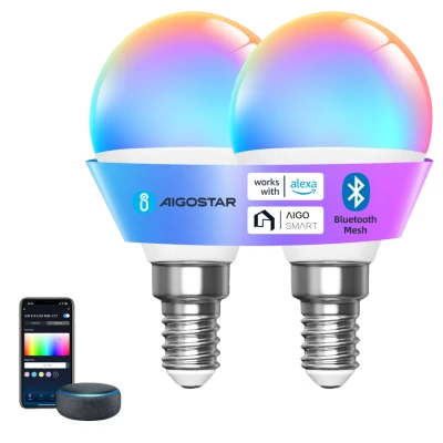 Imagen de Aigostar Mesh Bombilla inteligente Bluetooth Mesh, G45. 2700K 6500K y RGB regulable, E14, 6.5W, 555LM. LED compatible con Alexa Google Home. Incluye mando a distancia. 2Uds