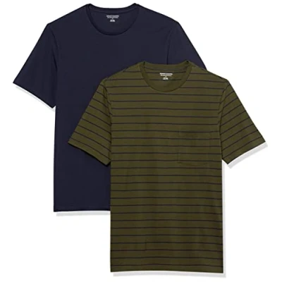 Imagen de Amazon Essentials Camiseta de manga corta con bolsillo, cuello redondo y corte ajustado Hombre, Pack 2, Azul Marino/Verde Oliva/Rayas, XS