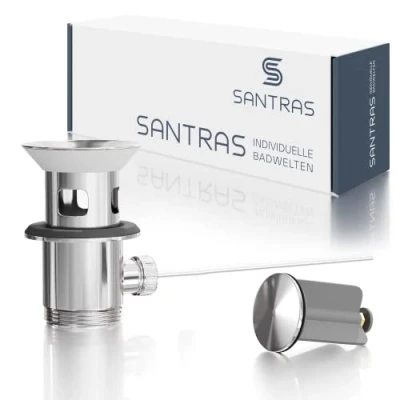 Imagen de SANTRAS® desagüe excéntrico Premium para lavabo con protección contra rebosadero en cromo Juego completo de tapón 1 ¼ grifo barra tracción