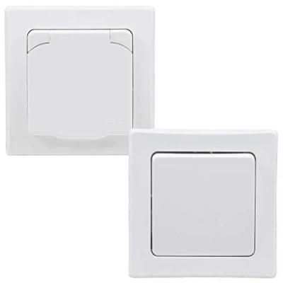 Imagen de Delphi IP44 Enchufe con interruptor basculante empotrable (230 V, tapa abatible, para habitaciones húmedas y exteriores, 230 V), color blanco