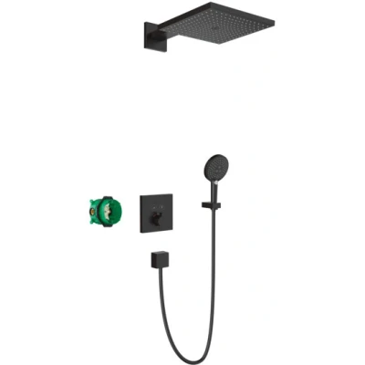 Imagen de hansgrohe Raindance E set de ducha empotrado, mano, termostato ShowerSelect, básico, flexo 160cm, soporte, fija, alcachofa (2 tipos chorro), negro mate, 27939670