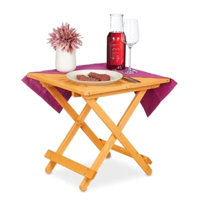 Imagen de Relaxdays Mesa Plegable Madera, Mesita Auxiliar, Salón, Balcón o Terraza, Portátil, Estable, 50x50x50 cm, Color Natural, Acero