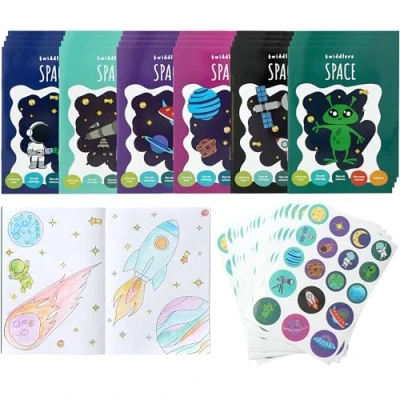 Imagen de THE TWIDDLERS 24 Mini Libros para Colorear Bolsas de Fiesta, con Pegatinas Tema Espacial, A6 Niños, Edades 4 8, Perfectos Fiesta Regalos