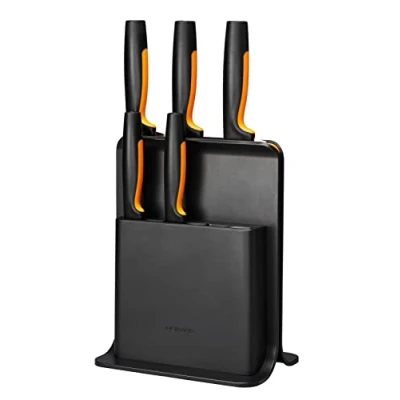 Imagen de Fiskars Bloque con 5 cuchillos, Functional Form, Incluye Cuchillo para verduras, de tomate, chef Santoku, cocina y pan, Plástico, Negro, 1057554