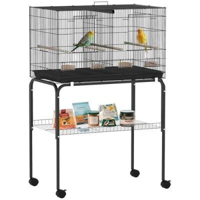Imagen de PawHut Jaula para Pájaros con Ruedas Divisor Pajarera Perchas Comederos y Bandeja Desmontable Mascota Aves Loros Canarios 76x46x116 cm Negro