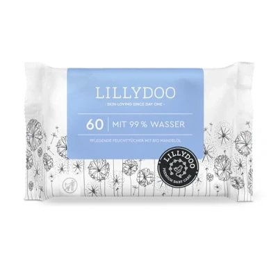 Imagen de Toallitas húmedas para bebés LILLYDOO con un 99% de agua, 60 unidades, 100% libres plástico sin perfumes y tan suave como el algodón agua