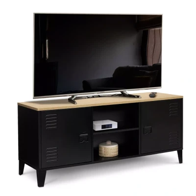 Imagen de IDMarket Mueble TV 113 cm Ester 2 Puertas Metal Negro y Bandeja Madera Diseño Industrial