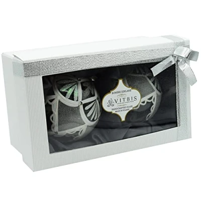 Imagen de Vitbis Juego de 2 Bolas Decorativas para árbol Navidad, 10 cm, Color Blanco y Plateado, con Brillantes iridiscentes, Hechas a Mano, pintadas Caja Regalo Cinta