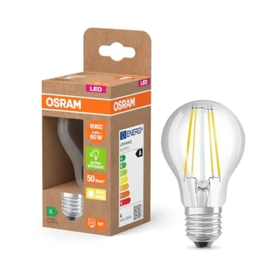 Imagen de OSRAM LED Classic Lámpara con filamento en forma de bombilla clásica, vidrio transparente, 3,8 W, casquillo E27, EEK A, 806 lm para iluminación general.