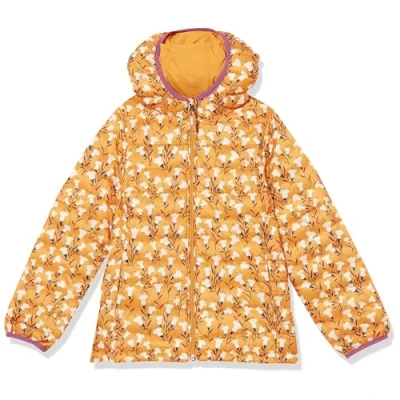 Imagen de Amazon Essentials Chaqueta Acolchada con Capucha, Plegable, Ligera y Resistente a la Lluvia Niña, Amarillo Floral, 8 años