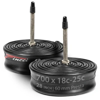 Imagen de Fincci Cámara Bicicleta Carretera 700x25c Par de Cámaras 700x18x23x25 28 Aire Presta Válvula 48mm para Carreras, eléctrica Paquete 2 componentes Ciclismo.
