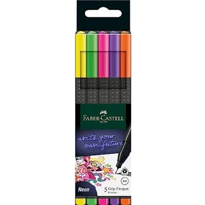 Imagen de Faber Castell Grip Finepen 151603 Rotulador de punta fina (punta fibra 0,4 mm, 5 unidades), color neón