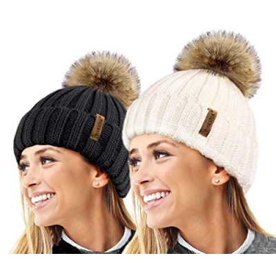 Imagen de TOSKATOK® Invierno de Las Mujeres Costilla Punto Hat/Beanie con Desmontable Piel Falsa Chunky Pom Bobble