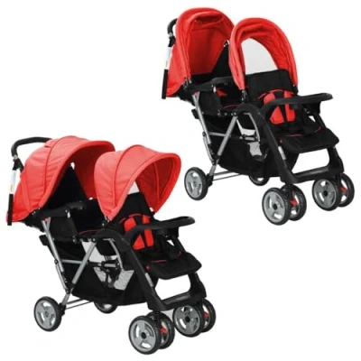 Imagen de vidaXL Carrito para Gemelos Acero y Tela Oxford Rojo Negro Cochecito Mellizos