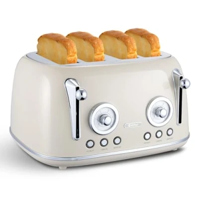 Imagen de Wiltal tostadora de 4 rebanadas, retro, carcasa acero inoxidable, con accesorio integrado para panecillos, tapa, grado tostado 1 6, función descongelación, bandeja recogemigas