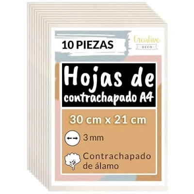 Imagen de Creative DECO 10 x A4 Tablero Madera Contrachapado de Álamo 300 210 3 mm (+/ 0.5mm) Manualidades Chapa Maciza para Bricolaje Ideal Pirograbado, Corte por Laser, CNC Router, Modelado
