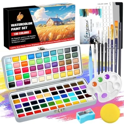 Imagen de UCAMP Kit Acuarelas 100 Colores en Estuche Portátil,Juego de Acuarelas,Set Pintura Acuarela con Pincel y Papel Acuarela,Watercolor, Viaje,para Artistas Pintores Aficionados