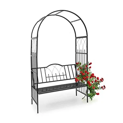 Imagen de Relaxdays arco de metal para rosas con banco 2 personas, jardin plantas, 203 x 114.5 59 cm, Material: polvo hierro, trepadoras, negro