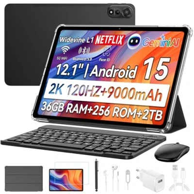 Imagen de Blackview Mega 2 Tab 12 Pulgadas Tablet Android 15 Dual 4G LTE y 5G WiFi,36GB RAM+256GB ROM/2TB TF,Cámaras IA,9000 mAh,Widevine L1/GPS/WPS/PC Tableta con Teclado,Ratón,Funda Protectora,Lápiz Óptico