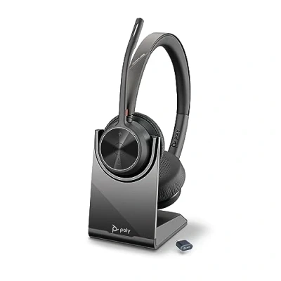 Imagen de Auriculares inalámbricos Poly Voyager 4320 UC y soporte de carga Audífonos estéreo con micrófono brazo cancelación ruido Conexión Bluetooth a PC/Mac/teléfono móvil, Funciona: Teams, Zoom