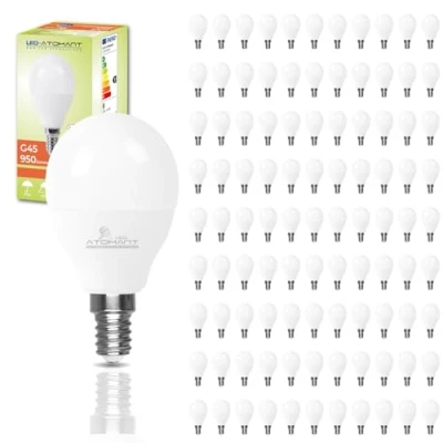 Imagen de LED ATOMANT Pack 100x Bombilla E14 G45 9W, Color Blanco Calido (3000K), 950 Lumenes, Casquillo fino, Equivalente a 80W tradicional