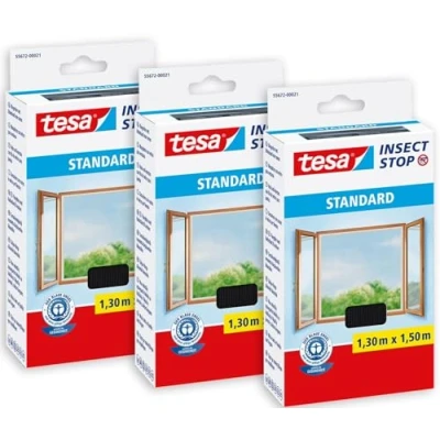 Imagen de tesa Insect Stop Malla Mosquitera STANDARD para Ventanas Autoadhesiva Recortable al Tamaño Deseado Gris Antracita, 3x 130 cm x 150