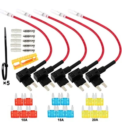 Imagen de FULARR® 5Pcs Premium ACS Pequeño Add A Circuit Fusible Tap Adaptador, Portafusibles Estilo Cuchilla, con Gratis 15Pcs Mini Fusible, 1Pcs Puller y Cables Ataduras 12V / 24V