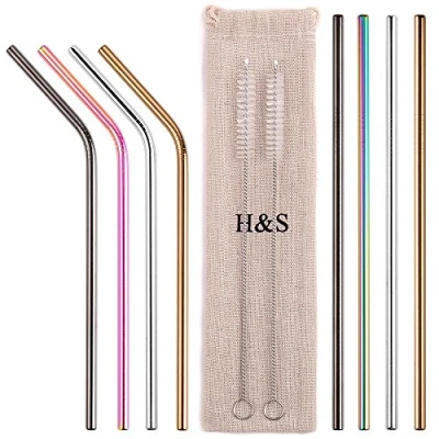 Imagen de H&amp;S [Paquete de 8] Pajitas acero inoxidable reutilizables color con 2 Cepillo limpieza para Bolsa