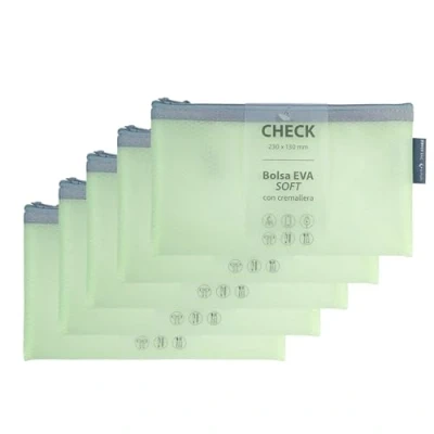 Imagen de Grafoplas Pack de 5 Bolsas con Cremallera EVA Soft Check, Verde Pastel, Tacto Suave, Zipper Bags Hechas Goma EVA, Ideal para Transportar y Proteger Todo Tipo Artículos Documentos