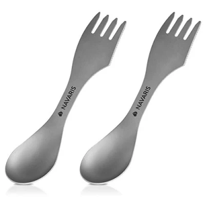 Imagen de Navaris Set de 2 cubiertos titanio 3en1 para camping Tenedor cuchillo y cuchara acampada picnic viaje excursión Cubierto metal
