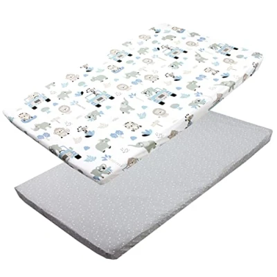 Imagen de TupTam Sábana Ajustable para Cuna Bebé 2 Pack, Azul Zoológico/Estrellas/Blanco/Gris, 90 x 200 cm