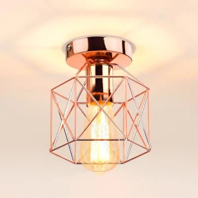 Imagen de iDEGU Lámpara de Techo Industrial Metal Diseño Jaula Hexágono Sencilla Iluminación E27 Colgante Vintage para Pasillo Dormitorio Salón Café Restaurante (15cm, Oro Rosa)