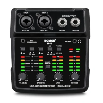 Imagen de BOMGE Interfaz de audio USB M12, mezclador 2 canales, entrada XLR/3.5 mm, fuente alimentación 48 V, tarjeta sonido para grabación PC, estudio, espectáculo en vivo, karaoke, Plug &amp; Play