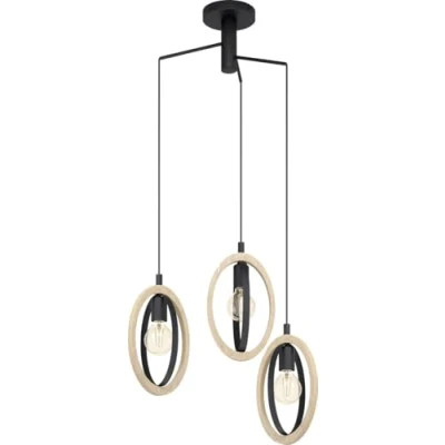Imagen de Eglo lámpara colgante Basildon, 3 luces, vintage, industrial, retro, acero y madera en negro, natural, de mesa comedor, salón con casquillo E27, Ø 61,5 cm