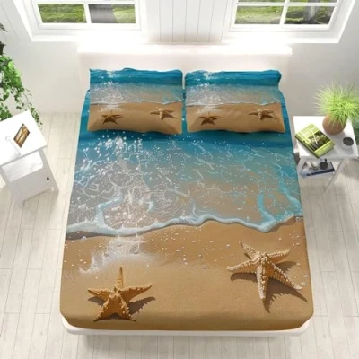 Imagen de Sabana Bajera 160x200 Estrella de Mar Sabanas Cama Playa Juego Ajustable Suaves, Elastico Funda Colchon con 2 Almohada 50x80 cm, para Colchón 30cm Altura
