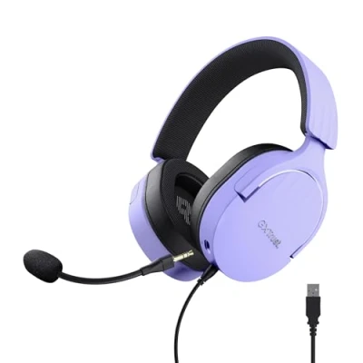 Imagen de Trust Gaming GXT 490P Fayzo Cascos USB 7.1 Sonido Envolvente, Drivers 50mm, 35% Plástico Reciclado, Micrófono con Cancelación de Ruido, RGB Auriculares Cable Over Ear PC PS5 Morado