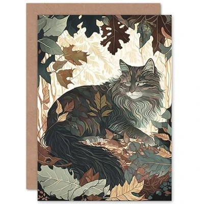 Imagen de Artery8 Norwegian Forest Cat Resting Under Bush Trees Modern Illustration Art Birthday Sealed Greeting Card Plus Envelope Blank inside