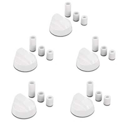 Imagen de DL pro Juego de 5 botones giratorios universales 42 mm diámetro, con adaptadores 6 y 8 mm, para casi todos los hornos, cocinas, horno, cocina gas (blanco)