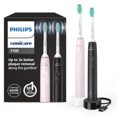 Imagen de Cepillo eléctrico Philips Sonicare 3100 HX3675/15, 2 unidades, Tecnología sónica, Sensor de presión, Temporizadores intuitivos, Negro y Rosa