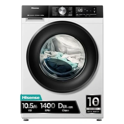 Imagen de Hisense WD3S1043BW3 Lavadora Secadora 2 en 1 con Vapor,Clase D/A, Carga Frontal 10.5 kg Lavado, 6 kg, Conectividad WiFi, Programación Asistida, Monitor de Consumo, Serie 3S, Blanco