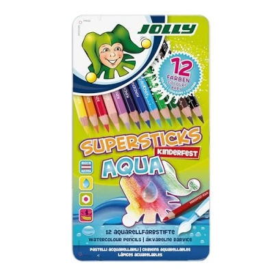 Imagen de JOLLY Supersticks Kinderfest AQUA estuche metálico de 12, lápices acuarela con mina 3,8 mm, madera reforzado, para vivos efectos