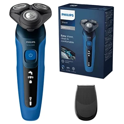 Imagen de Philips Serie 5000 Afeitadora Eléctrica Hombre, Máquina de Afeitar Barba con recortadora, 27 cuchillas, Cabezal flexible 360º, 50min uso, En Seco y Húmedo, Recargable, Funda, S5466/18, Azul Negro